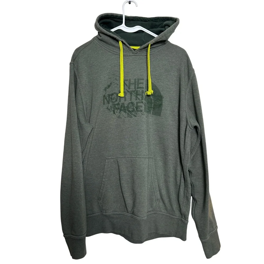 The North Face Mens Large Olive Green Graphic Logo Hoodie Neon Yellow Drawstring